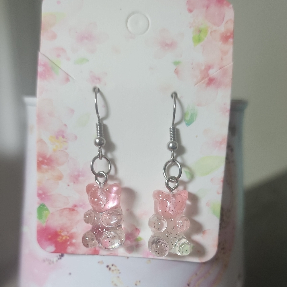 Pink and Clear Glitter Bear Drop Earrings